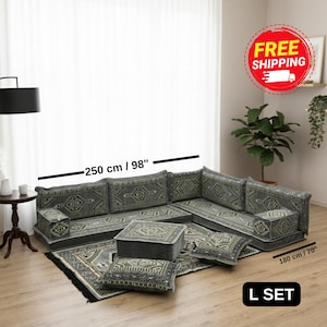 Majlis seating set, Modular sofa, Arabic seating, Sofa with ottoman, Floor seating set, Pallet sofa, Sectional sofa, Kilim couch, FS 25