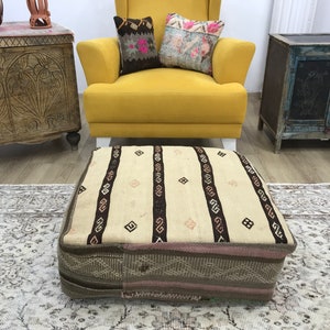 Boho Pouf, Wohnkultur, Handgefertigter Kelim Puff, Schlafzimmer Poef, Bodenpouf, Couch Puff, Sofa Puff, 60x60x20 cm, Boho Pouf, Throw Pouf, FP 916