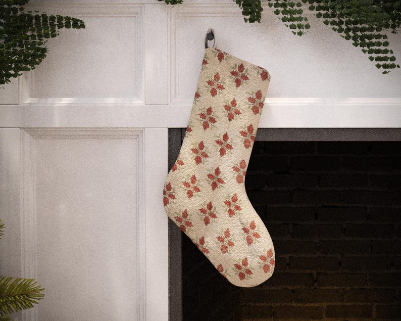 Set of 4 handmade vintage-style Christmas stockings, including red, beige floral, and a traditional red and blue Turkish kilim print, hanging on a fireplace mantel.