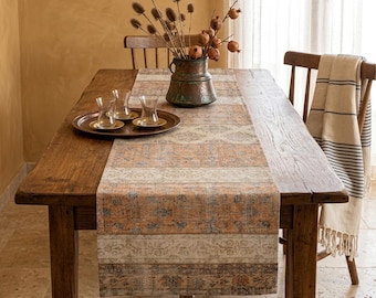 Turkish Rug Printed Coffee Table Runner, Vintage Kilim Style, Washable Fabric
