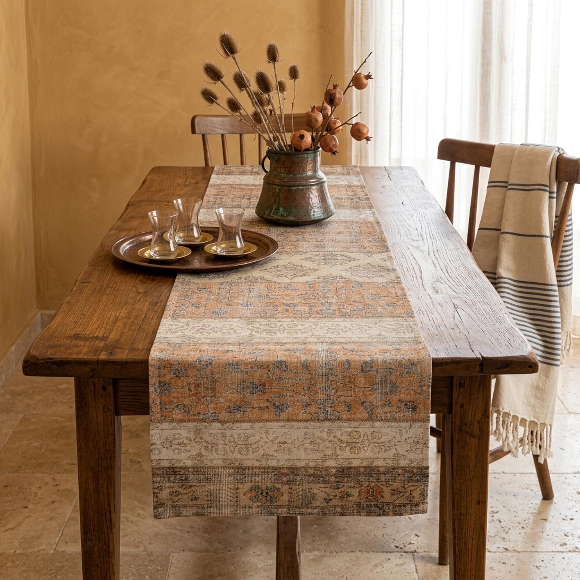Turkish Rug Printed Coffee Table Runner, Vintage Kilim Style