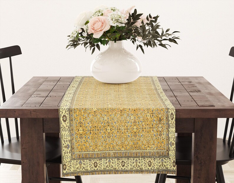 High quality printed rug design runner, Elegant chenille table scarf, Woven kilim table decor, Chic turkish rug runner, Table decor