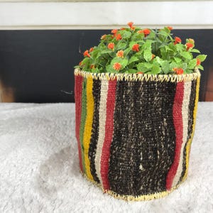 May include: A cylindrical woven basket featuring vertical stripes in black, red, yellow, and cream. The top and bottom edges are finished with a light yellow zigzag stitch. A small artificial plant with green leaves and tiny orange flowers sits inside.