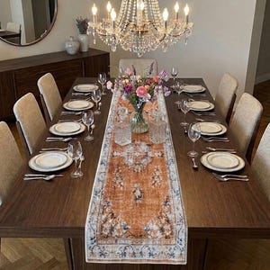 Turkish Rug Pattern Table Runner: Rust Orange & Blue Floral Print
