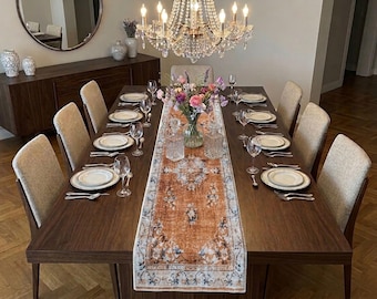 Turkish Rug Pattern Table Runner: Rust Orange & Blue Floral Print