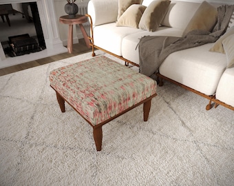 Pale Mint Abstract Decor Pouf | Living Area Footrest | Farmhouse Wood Bench