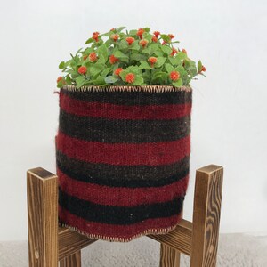 May include: A red and black striped planter with a green plant with small orange flowers. The planter is sitting on a wooden stand.
