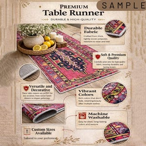 The image is a detailed sample of a premium table runner, showcasing its durability, high-quality fabric, soft and premium quality, vibrant colors, machine washable, and custom sizes available.