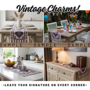 The image is a collage of four photos showcasing various decorative elements and furniture pieces, including a table runner, a dining table, a kitchen counter, and a bookshelf.