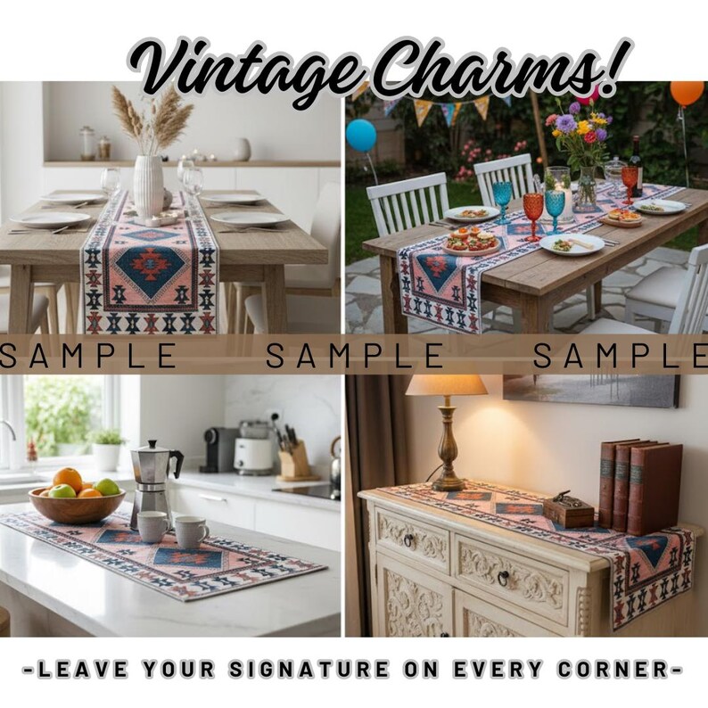 The image is a collage of four photos showcasing various decorative elements and furniture pieces, including a table runner, a dining table, a kitchen counter, and a bookshelf.