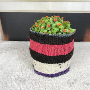 May include: A cylindrical woven basket planter featuring horizontal stripes in black, bright pink, off-white, and purple. The basket contains a small artificial plant with green leaves and tiny orange flowers, filling the top opening of the container.