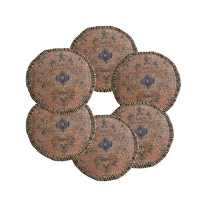 May include: Six round coasters with a vintage rug design. The coasters have a peach and blue color palette with a central blue floral pattern. Each coaster has a fringed edge, adding a decorative touch to the set.