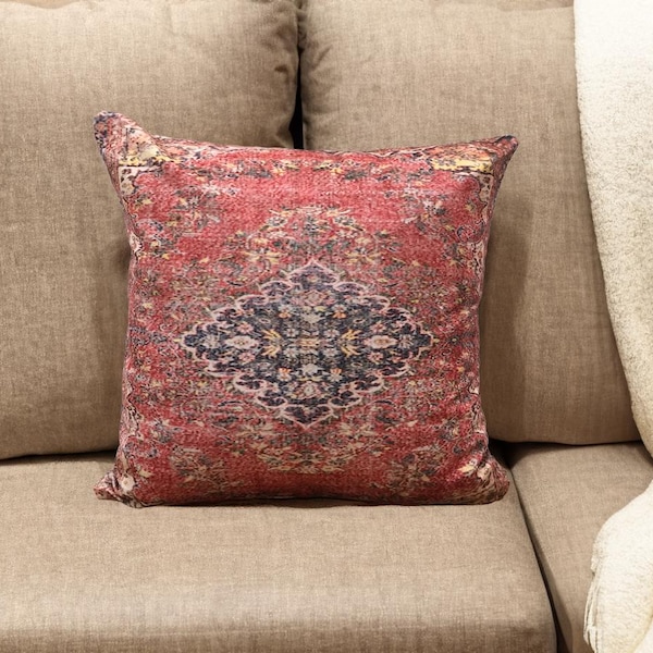 Retro pillow, Flower design pillow, Decorative pillow, Velvet sham, Nomadic pillow, Turkish rug print, Throw pillow cover, 11570-01