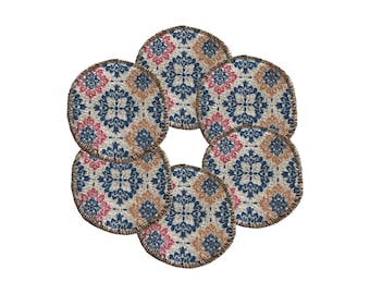 Ornate floral coaster set, Medallion home decor coasters, Handwoven style coasters, Unique drink mat, Traditional table accessory, Chic mats