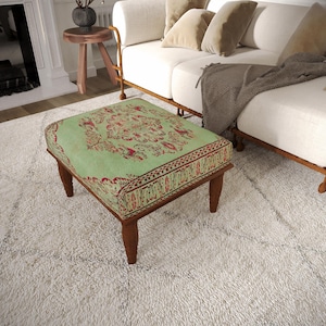 Light Green Medallion Handmade Bench | Wooden Frame Footstool | 5235-1