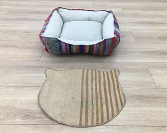 Kelim Matte, Fressnapf Matte, Geschenke für Katzenliebhaber, Kelim Haustier-Platzset, handgemachte Matte, Hundematte zum Füttern, Wassernapf-Matte, dekorative Matten, PM 2321