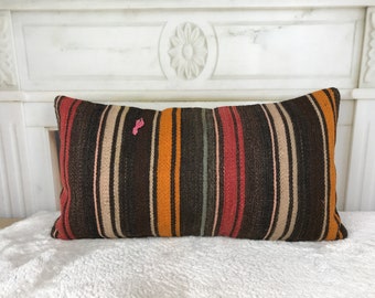 multicolor kilim pillow, kilim lumbar pillow, throw boho pillow, wool accent pillow, nomadic pillow, 12x24 pillow, decorative pillow, 2327