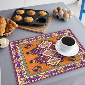 Retro turkish rug table setting, Boho style kilim print fabric placemats, Washable table mat, Cafe decor placemat, Luxury placemats, 8219-05