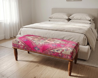 Hot Pink Kilim Bench: Handmade Upholstered Turkish for Bedroom and Entryway