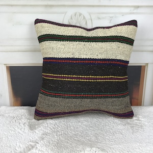 handmade natural pillow, wool kilim pillow, striped sofa cushion, throw body pillow, old decorative pillow, 16x16 pillow, home decor, 4586