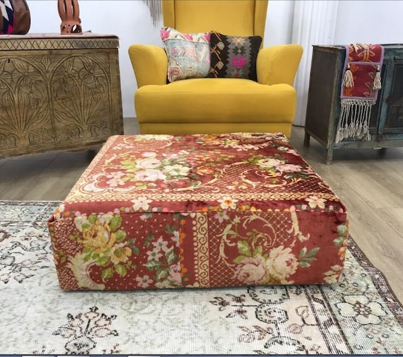 Ottoman Pouf, Soft Floor Pillow, Vintage Pouf, Floral Pouf Cover, Moroccan Pillow, Bohemian Cushion, Livingroom Decor, FP 323
