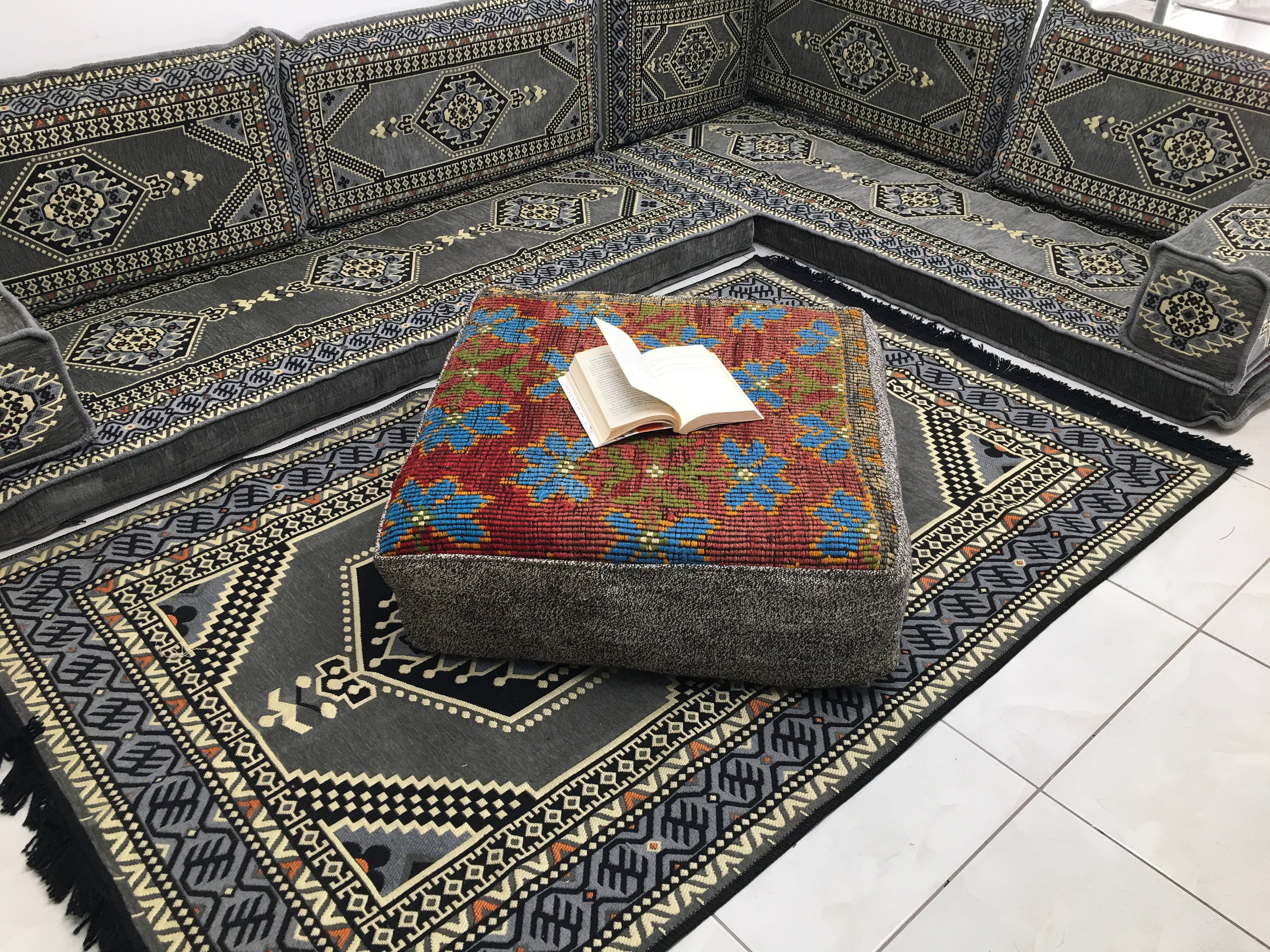 Blue floral pillow, Nomadic rug pillow, Eclectic decor pillow, Floor seating pouffe, Authentic cushion, Big floor pillow, 28x28x8'', FP 1090