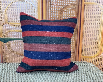 Striped kilim pillow 20x20, red navy black wool cushion, vintage Turkish rug pillow cover, handmade boho decor, rustic pillow, 20x20kp225