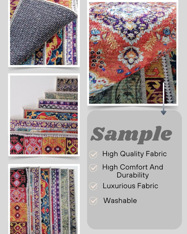 The image is a collage of various colorful and patterned rugs, showcasing different fabrics and textures.