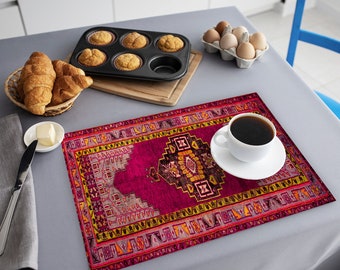 Sophisticated vintage kilim pattern placemats, Artisan-inspired decorative table placemats, Retro chic Turkish rug table setting, 7490-02