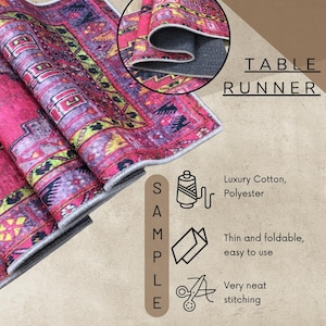 The image is a close-up of a vibrant, patterned rug with a table runner attached to it. The rug is folded and displayed on a flat surface, showcasing its design and texture. The image also includes a sample of the rug, highlighting its features such as luxury cotton, polyester, thin and foldable, easy to use, and neat stitching.