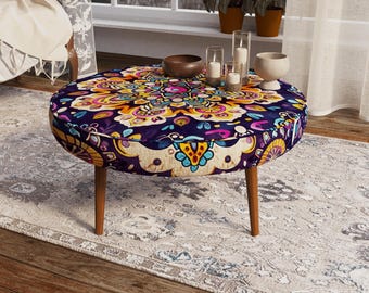 Purple Yellow Mandala Round Table | Yoga Meditation Seat | Boho Floor Footrest