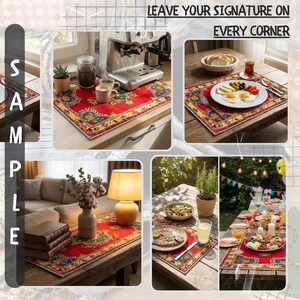 The image is a collage of various scenes depicting a dining area with a table set for a meal, a kitchen counter with a coffee maker, and a living room with a lamp and books.