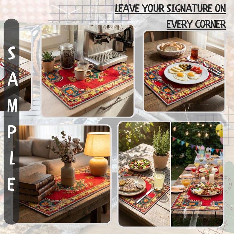 The image is a collage of various scenes depicting a dining area with a table set for a meal, a kitchen counter with a coffee maker, and a living room with a lamp and books.
