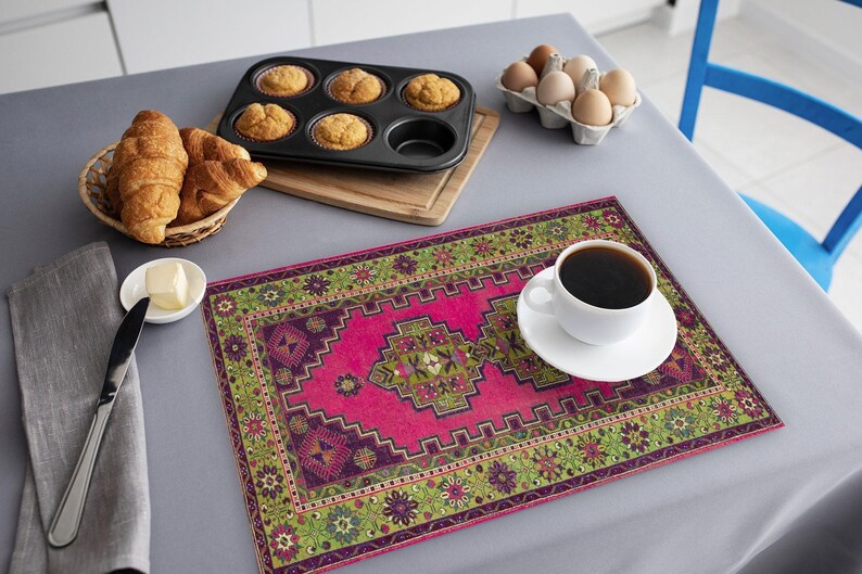 Unique home decor Turkish rug placemats, Cultural heritage style dining accessories, Sophisticated vintage kilim pattern placemats