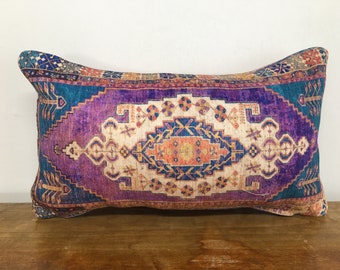lumbar pillow, luxury pillow cover, coastal pillow, velvet pillow sham, purple pillow, boho pillow, bedding pillow, kilim design, 12502-02