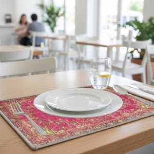 A table setting with a white plate, silverware, and a glass of water, placed on a colorful placemat in a restaurant setting.