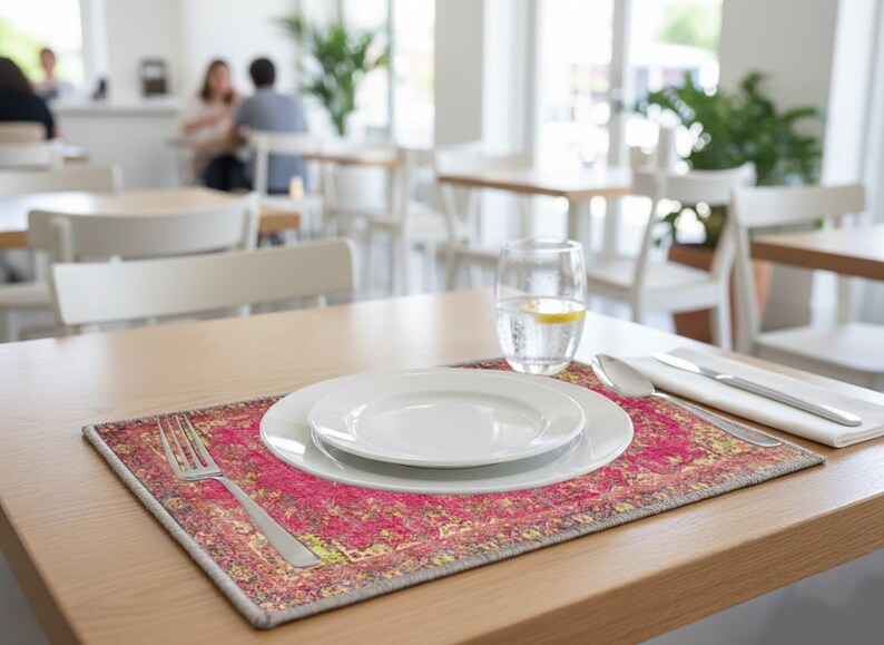 A table setting with a white plate, silverware, and a glass of water, placed on a colorful placemat in a restaurant setting.