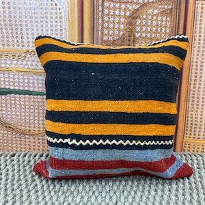 Color Block Kilim Pillow, Handwoven Multicolor Cushion, Vibrant Striped Boho Decor Pillow, Rustic Sofa Throw Accent Pillow, 20x20kp250