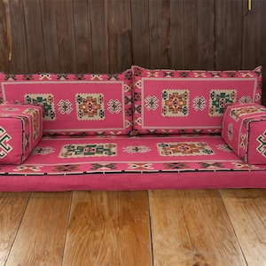Pink floor seating, Majlis sofa set, Arabic sofa, Floor couch, Window seat cushion, Reading nook cushion, Chenille cushion cover, FS 19 画像 3