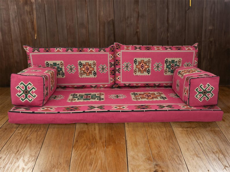 Pink floor seating, Majlis sofa set, Arabic sofa, Floor couch, Window seat cushion, Reading nook cushion, Chenille cushion cover, FS 19 画像 3