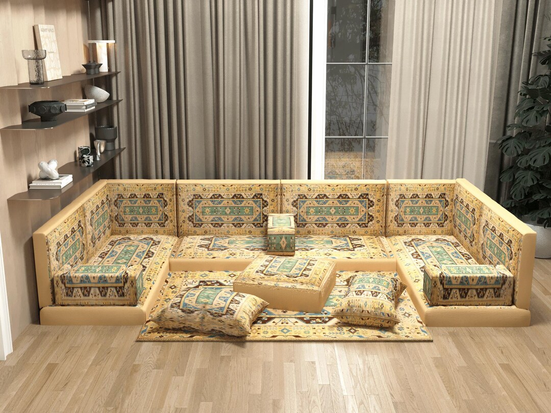 Beige Teal Turkish Sofa Set | Traditional Oriental Floor Seating | 8612 ...