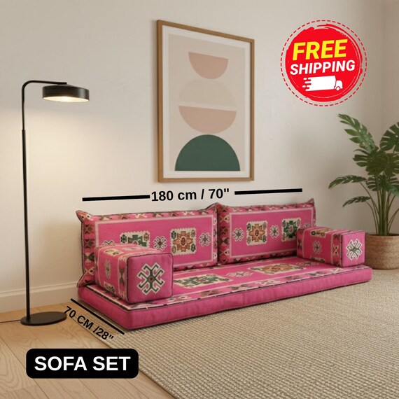 Pink floor seating, Majlis sofa set, Arabic sofa, Floor couch, Window seat cushion, Reading nook cushion, Chenille cushion cover, FS 19