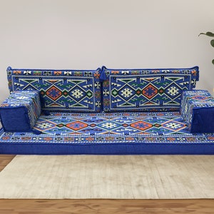 Floor seating sofa, Majlis sofa, Arabic sofa, Reading nook, Sectional sofa, Sofa with ottoman, Blue floor pouf, Kilim single sofa,  FS 06
