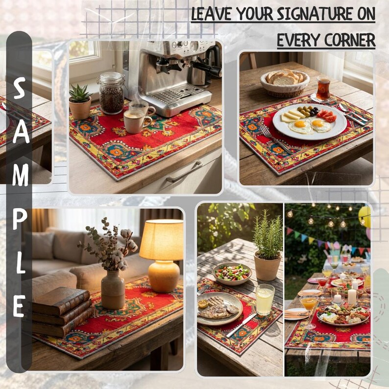 The image is a collage of various scenes depicting a dining area with a table set for a meal, a kitchen counter with a coffee maker, and a living room with a lamp and books.