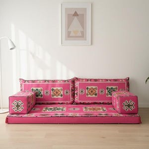 Pink floor seating, Majlis sofa set, Arabic sofa, Floor couch, Window seat cushion, Reading nook cushion, Chenille cushion cover, FS 19 画像 2