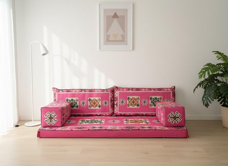 Pink floor seating, Majlis sofa set, Arabic sofa, Floor couch, Window seat cushion, Reading nook cushion, Chenille cushion cover, FS 19 画像 2