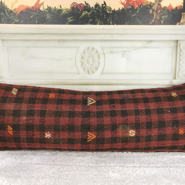 plaid kilim pillow, long lumbar pillow, red black pillow, 12x36 pillow cover, checkered kilim, bed cushion case, garden cushion case, 2289