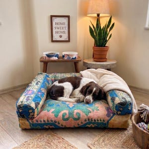 Cama Kilim Turquesa para Perros / Sofá de Terciopelo Floral para Mascotas / Sofá Reversible Hecho a Mano para Perros / Cojín Boho para Perros / Cama Turca Colorida para Mascotas, 12531-01