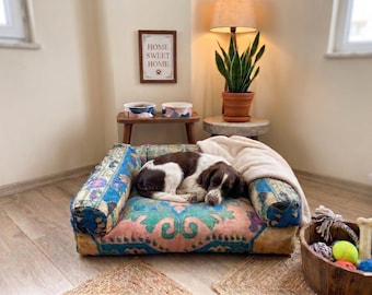 Turquoise Kilim Dog Bed | Floral Velvet Pet Couch | Handmade Reversible Dog Sofa | Boho Dog Cushion | Turkish Colorful Pet Bed, 12531-01