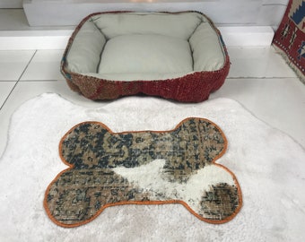pet food station, dog food bowl mat, cat feeding mat, dog food rug, vintage dog mat, turkish rug mat, kitty bowl mat, carpet mat, PM 952